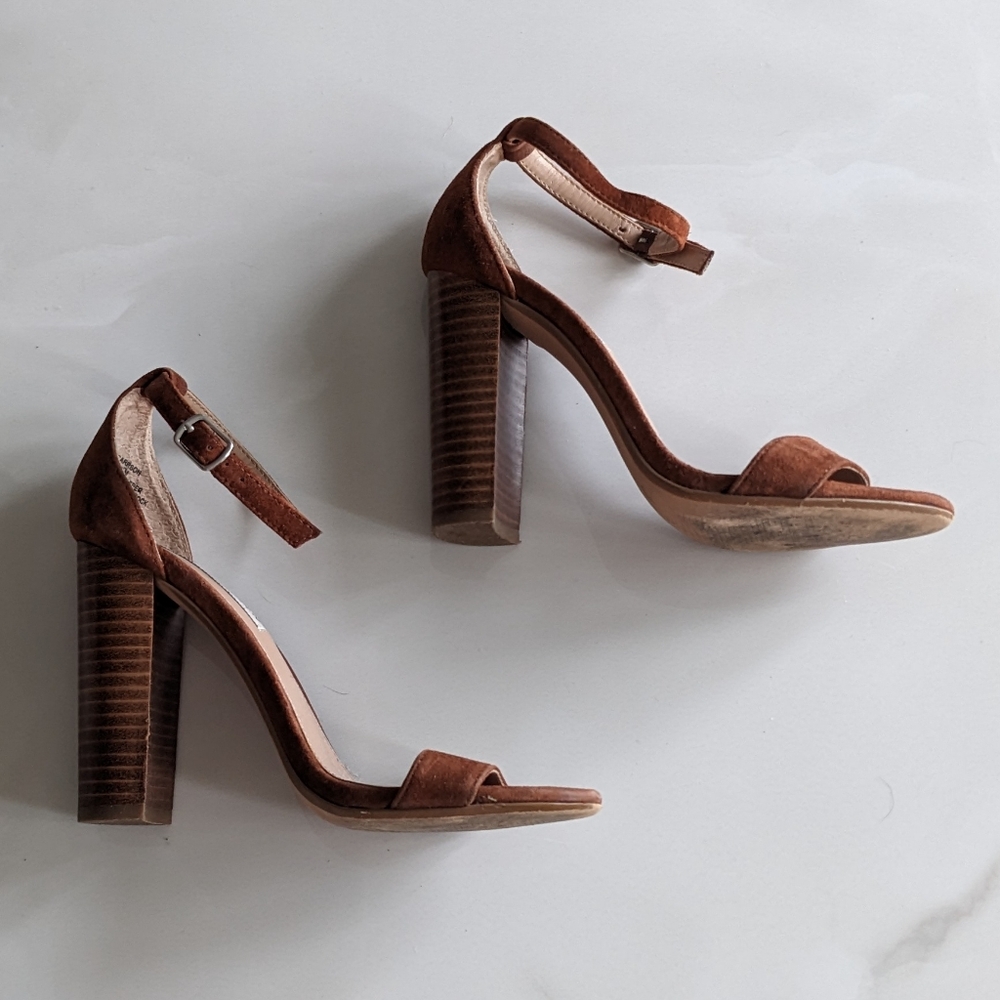 FINAL PRICE Steve Madden Carrson Tan Ankle Strappy Block Heels 6 Leather Suede